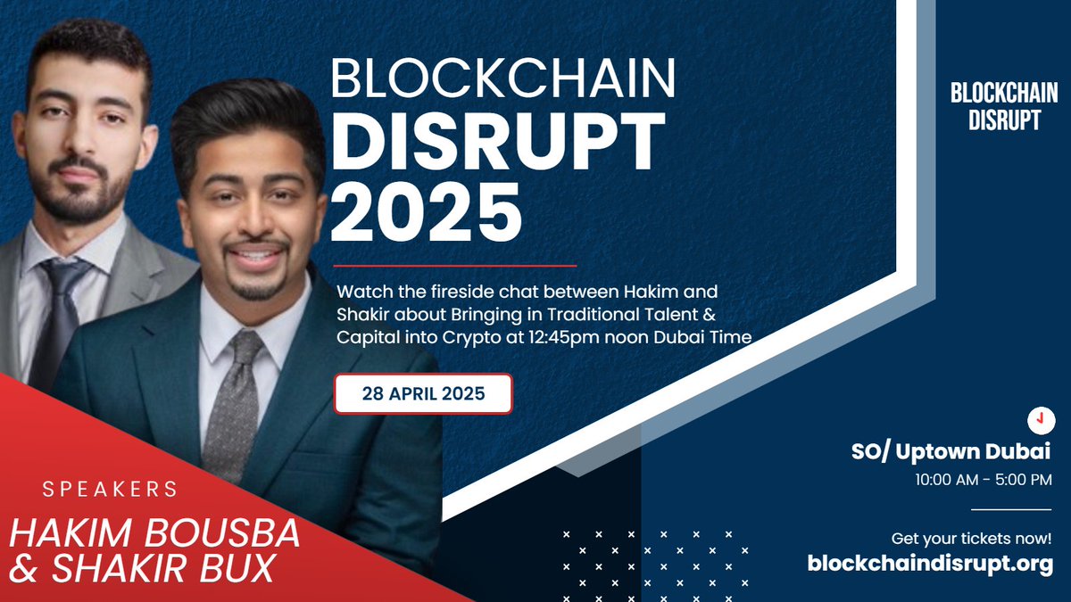 ⚠️Fireside Chat Alert!⚠️ Watch and learn from Hakim Bousba and Shakir Bux about the merging of traditional and crypto worlds this April 28 only at Blockchain Disrupt 2025.

Get your tickets now at blockchaindisrupt.org