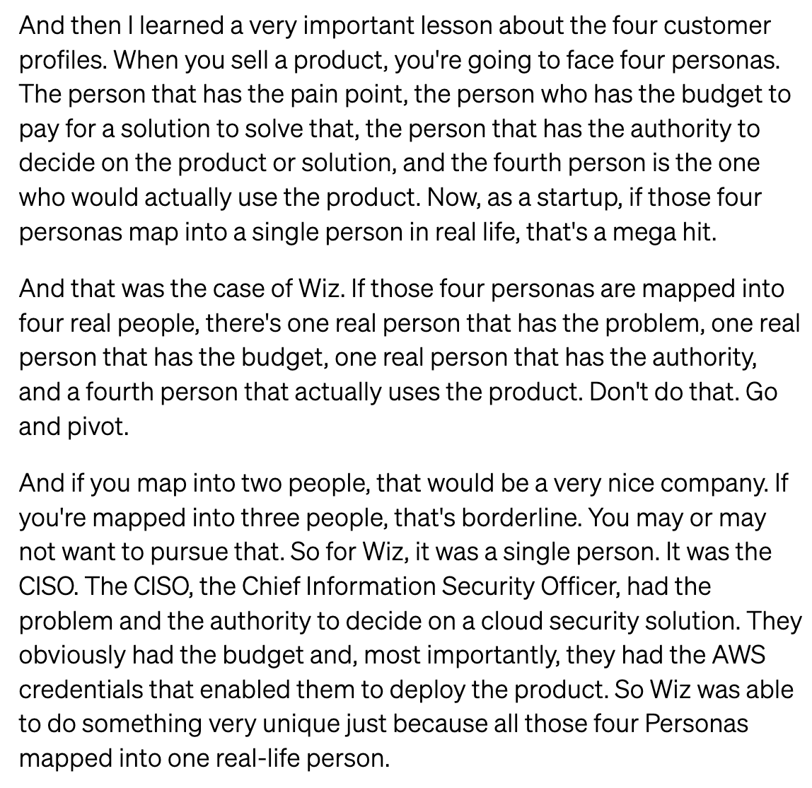 sajithpai's tweet photo. The four personas of B2B (software) sales. The more they converge into one actual person / role, the faster you will get to PMF. 

I read this a few weeks ago, and it still stays rent free in my head.

via @giliraanan 's @joincolossus podcast episode. https://t.co/7y9S2K44wG