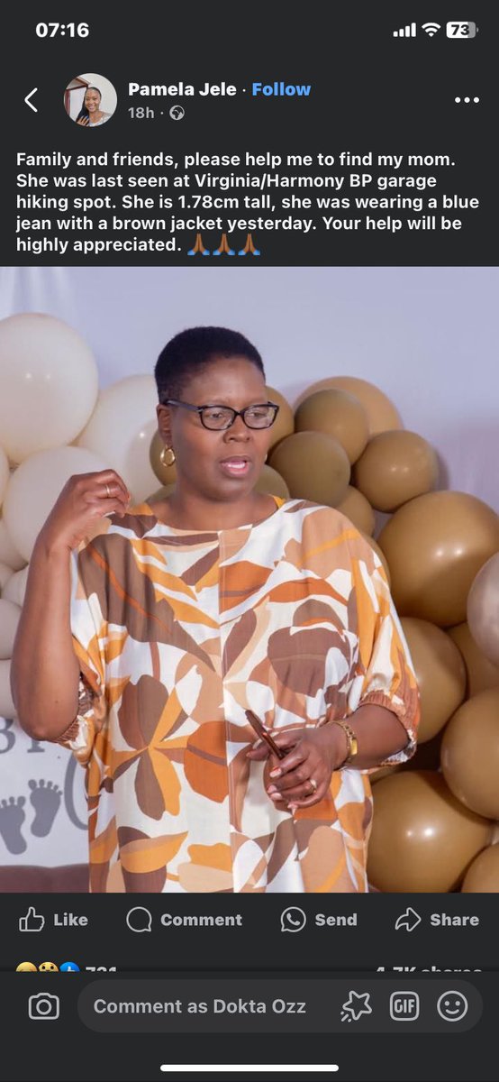 “Family and friends, please help me to find my mom. She was last seen at Virginia/Harmony BP garage hiking spot. She is 1.78cm tall, she was wearing a blue jean with a brown jacket yesterday. Your help will be highly appreciated. 🙏🏾🙏🏾🙏🏾”