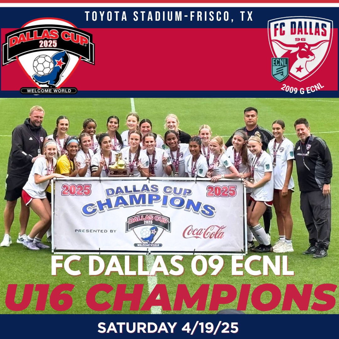 FC Dallas 2009G ECNL (U16) (@fcdallas09gecnl) on Twitter photo Introducing your Back-to-Back Dallas Cup champions!
6 days, 6 games, 33 goals for, 1 goal against = TEAM success. #DTID
@fcdallas_academy <a href="/dallascup/">Dallas Cup ⚽️</a> <a href="/FCDGirlsECNL/">FC Dallas Girls ECNL</a> Introducing your Back-to-Back Dallas Cup champions!
6 days, 6 games, 33 goals for, 1 goal against = TEAM success. #DTID
@fcdallas_academy <a href="/dallascup/">Dallas Cup ⚽️</a> <a href="/FCDGirlsECNL/">FC Dallas Girls ECNL</a>