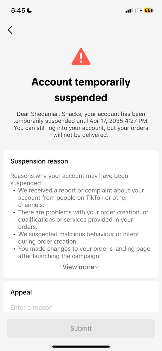 iamtoluade's tweet photo. Hi @TikTokSupport , my TikTok Shop account for my small business Shedamart Snacks was suspended until 2035 — which looks like a mistake. I’ve appealed, but haven’t heard back. Please help, this is hurting my business!
#TikTokShop #smallbusinessowner https://t.co/vTvxFuioQn