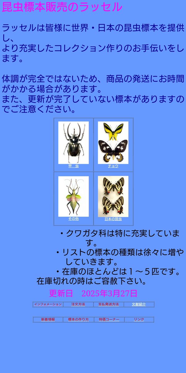 昆虫標本販売のラッセルさんでした！ しかも営業再開したっぽいです