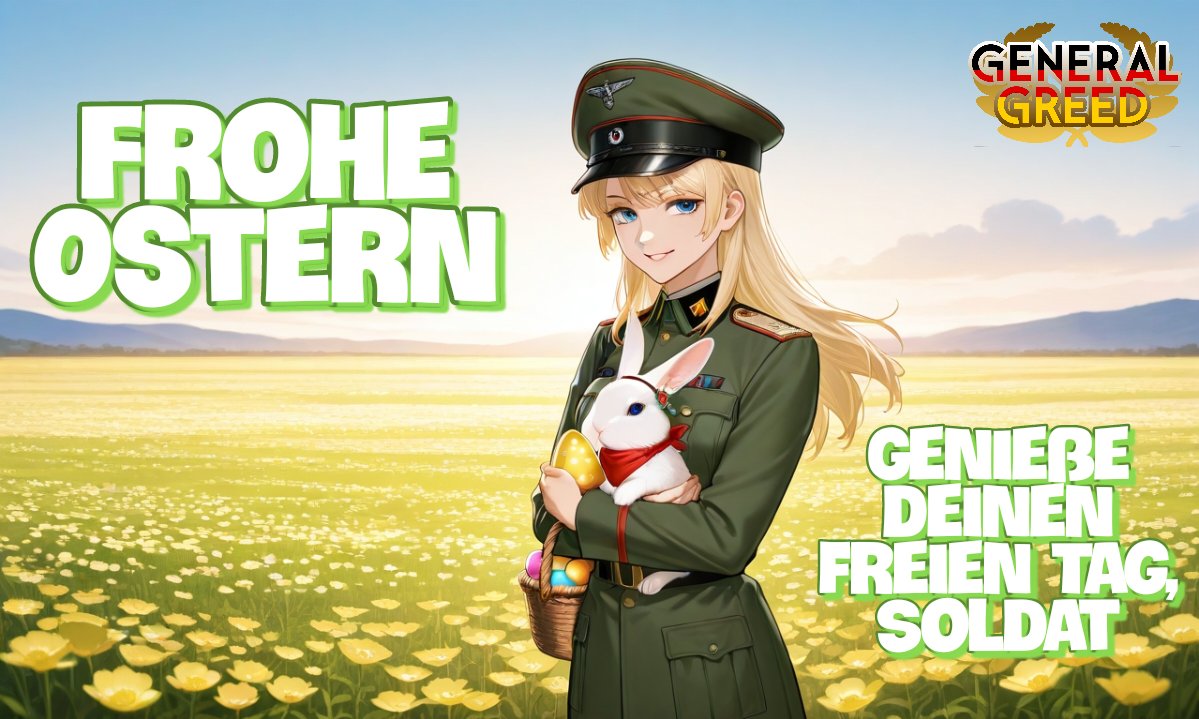 GeneralGreed2D's tweet photo. Happy Easter to my precious #SimpArmy 🐇

Enjoy your free day ☀️
Get some rest 🌹
Spend time with your family 🥰
I'll wait for you tomorrow 😘

And i would not mind a little Easter present from you 😏

Signed 
~General Greed 🇩🇪 

#2DFD #findom #aiart #militarygirl #easter https://t.co/yUeYtOQvg1