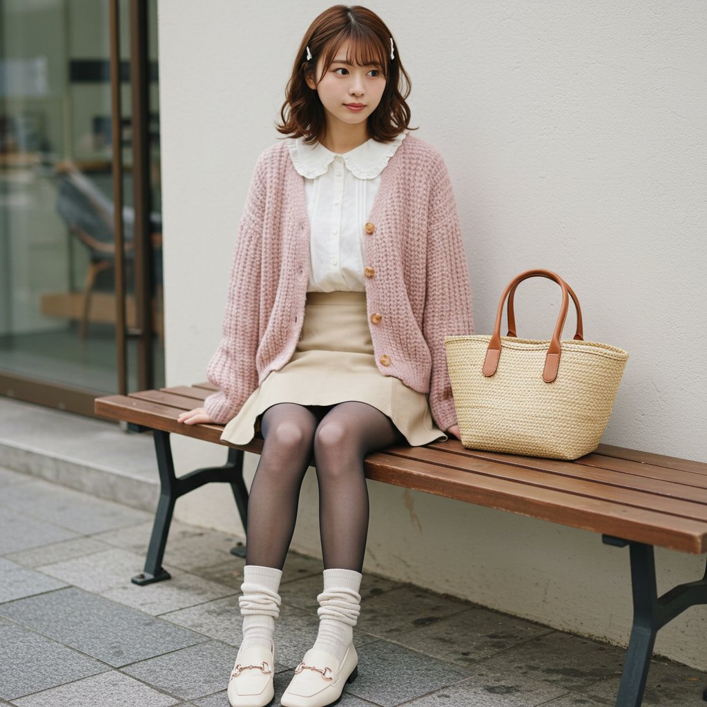 CampusGrams's tweet photo. ちょっと肌寒い日の春コーデ🌸
ざっくりピンクカーデ＋ベージュミニで優しい印象に。
足元はブラックのストッキングにくしゅっとソックスを重ねて、ぬくもりとゆるさのバランス◎
カフェの待ち時間にベンチでほっと一息☕
#ストッキング #黒スト #春コーデ #大学生ファッション #campuslook https://t.co/O877M53VKS