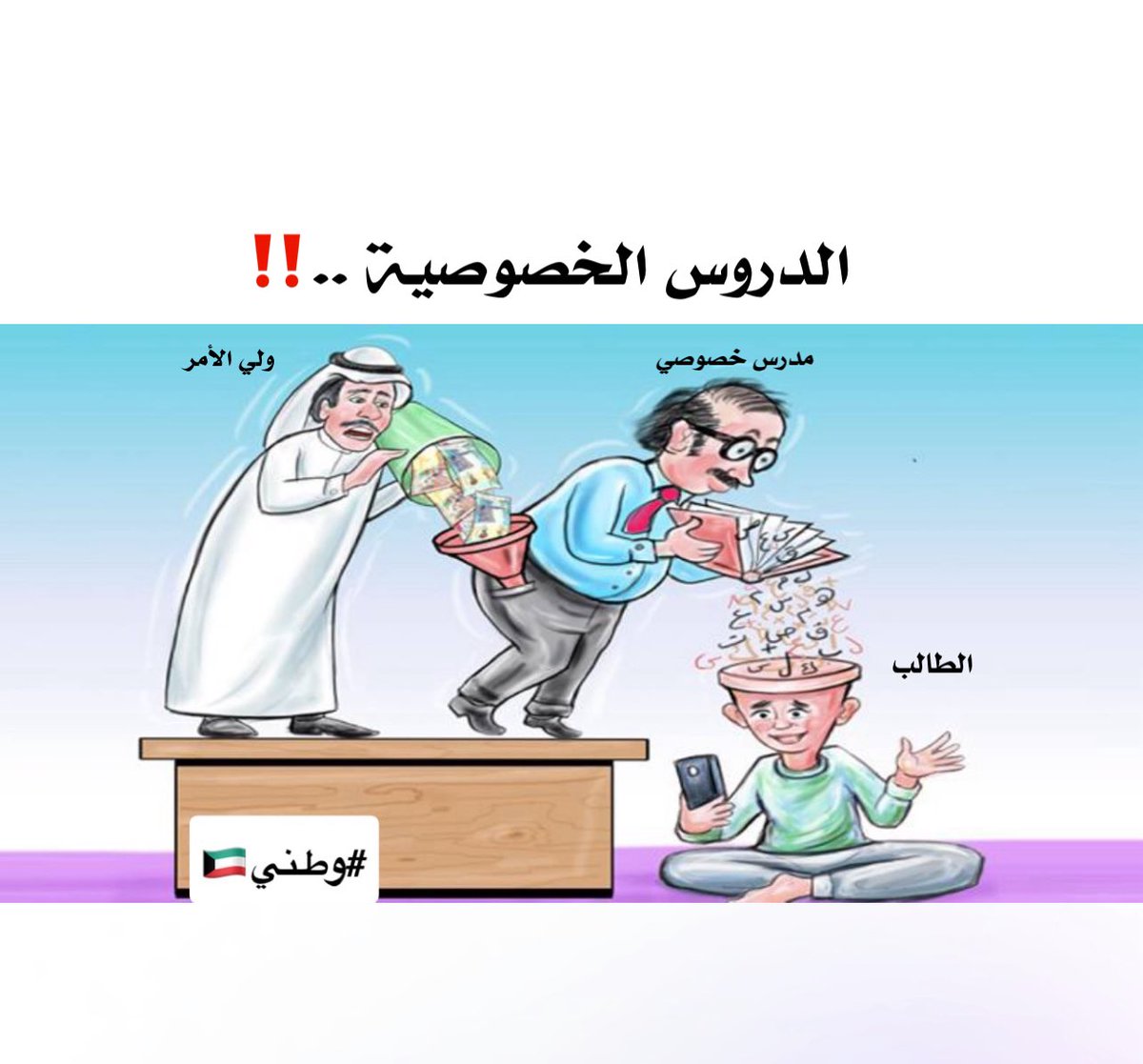 الدروس الخصوصية ..‼️

معالي #وزير_التربية
هل تعلم بأن المعلم الوافد اصبح يقاسم أولياء الأمور رواتبهم بسبب 👈🏻 ( الدروس الخصوصية ) التي يُعطيها لأبنائهم مع العلم بأن غالبية هؤلاء المعلمين الوافدين يعملون في وزارة التربية ..!!

وكلنا يعرف بأن وجود الدروس الخصوصية يجعل من المعلم