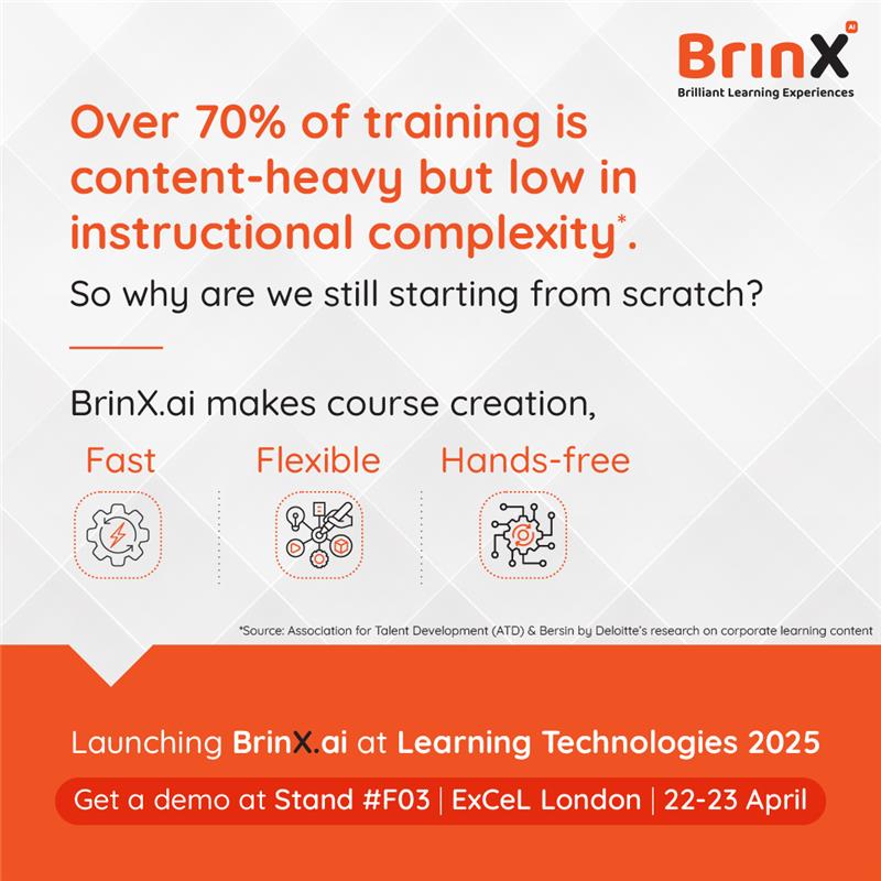 UpsideLearning's tweet image. 𝐄𝐱𝐩𝐞𝐫𝐢𝐞𝐧𝐜𝐞 𝐢𝐭 𝐢𝐧 𝐚𝐜𝐭𝐢𝐨𝐧 𝐚𝐭 𝐋𝐞𝐚𝐫𝐧𝐢𝐧𝐠 𝐓𝐞𝐜𝐡𝐧𝐨𝐥𝐨𝐠𝐢𝐞𝐬 𝟐𝟎𝟐𝟓
23–24 April | Stand #F03 | ExCeL London
#BrinXai #AIinLearning #LearningTechnologies2025 #LND #PerformanceDriven #Elearning #LearningandDevelopment #MitrLearningandMedia