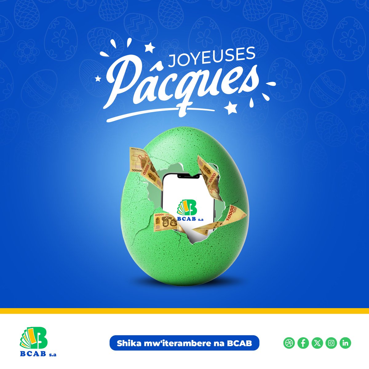 BcabBank's tweet photo. La Banque #BCAB vous souhaite une Joyeuse fête de Pâques !
🤝 Restez connectés à vos services bancaires, même pendant les fêtes avec BCAB #Akabirya .
📲 Téléchargez l'application ou composez *424#
#BCABBank #JoyeusesPâques #Akabirya #ShikaMwIterambereNaBCAB #Burundi #Abatwip https://t.co/nOSHMaAkYI