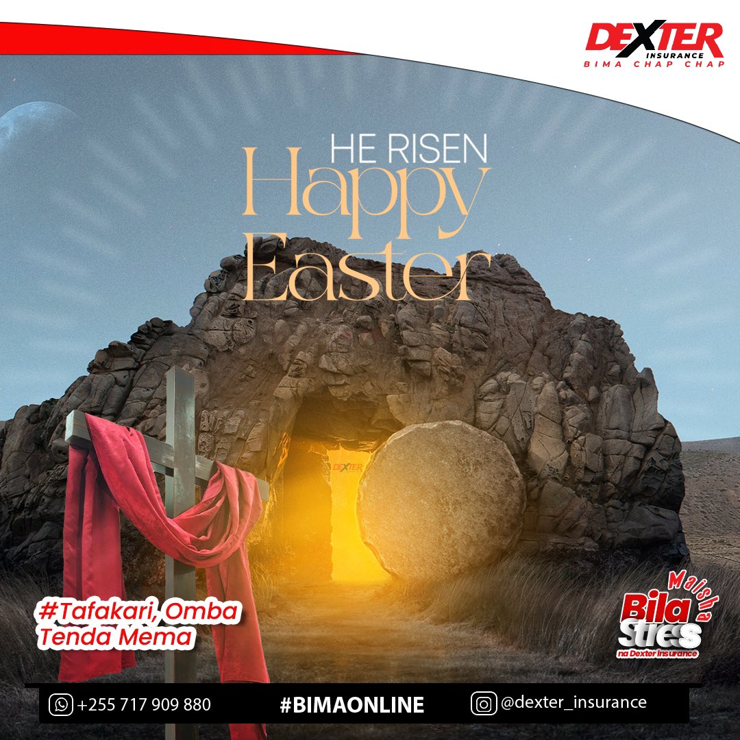 Dexter_insure's tweet photo. 𝐘𝐞𝐬𝐮 𝐉𝐮𝐚 𝐋𝐚 𝐇𝐚𝐤𝐢 𝐌𝐰𝐚𝐧𝐳𝐨 𝐖𝐚 𝐌𝐚𝐢𝐬𝐡𝐚 𝐌𝐚𝐩𝐲𝐚 👑 ▪️𝐇𝐞 𝐈𝐬 𝐑𝐢𝐬𝐞𝐧 🐣

Katika msimu huu wa matumaini na upendo, Uongozi wa @dexter_insurance Unapenda Kukutakia Wewe pamoja na familia yako, amani, afya njema na baraka tele. 
Tunakutakia Pasaka njema https://t.co/3m4uZ6Hf5r