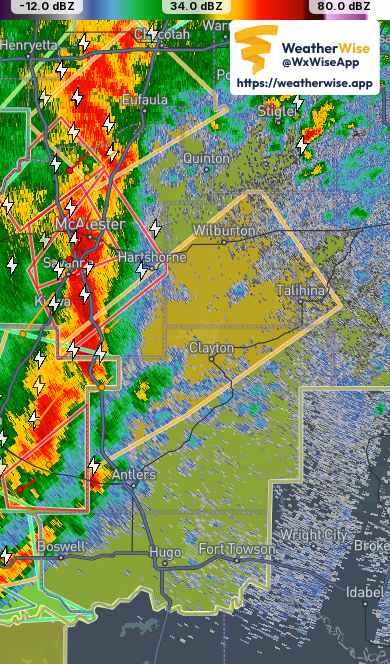 ⚡️ Severe Thunderstorm Warning for:
- Northwestern Pushmataha County in southeastern Oklahoma
- Latimer County in southeastern Oklahoma
- West central Le Flore County in southeastern Oklahoma
- Southeastern Pittsburg County in southeastern Oklahoma

web.weatherwise.app/#wid=80821a202…
💨