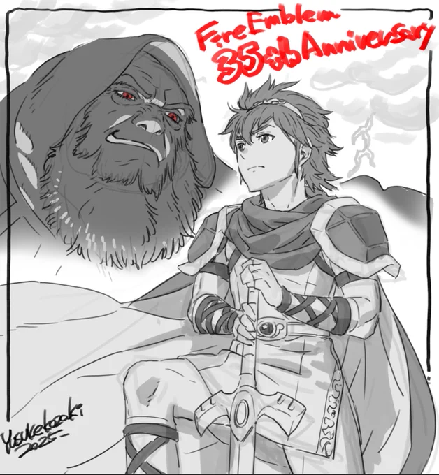 1990年4月に「ファイアーエムブレム暗黒竜と光の剣」が発売してから35周年だそうです。
初代FCパッケージ遵守の絵でお祝い!(相変わらず時間に追われており落書き程度で恐縮です…) 