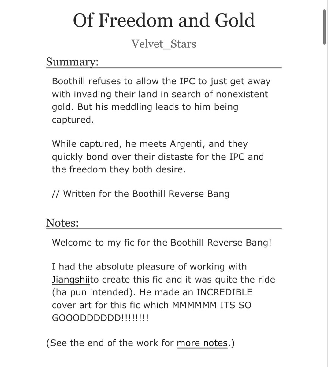 Posted!~ <a href="/BangBoothill/">Aim for the Heart: A Boothill Reverse Bang!</a> 

Had the absolute pleasure of working with <a href="/jiangshiis/">Jiangshii || ComicCon Stuttgard</a> for this fic !!! 

🔗: archiveofourown.org/works/64850539

#argenhill #argenti #boothill #boothillbang