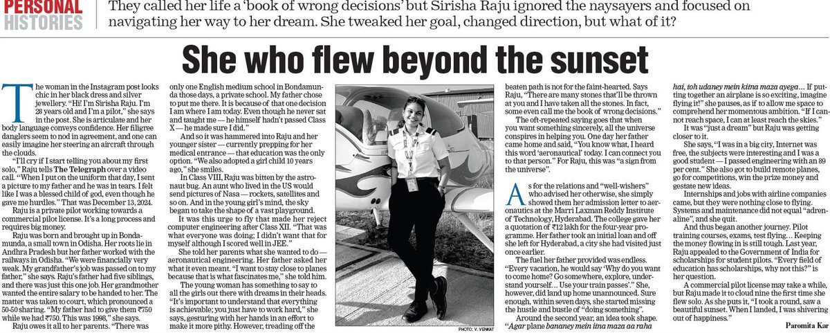 Telegraph Features (@ttfeaturez) on Twitter photo She who flew beyond the sunset
They called her life a “book of wrong decisions” but Sirisha Raju ignored the naysayers, focused on navigating her way to her dreams. She tweaked her goal, changed direction, but what of it?
<a href="/Paromita2005/">Paromita Kar</a> writes
<a href="/SankarshanT/">Sankarshan Thakur</a> <a href="/ttindia/">The Telegraph</a> She who flew beyond the sunset
They called her life a “book of wrong decisions” but Sirisha Raju ignored the naysayers, focused on navigating her way to her dreams. She tweaked her goal, changed direction, but what of it?
<a href="/Paromita2005/">Paromita Kar</a> writes
<a href="/SankarshanT/">Sankarshan Thakur</a> <a href="/ttindia/">The Telegraph</a>