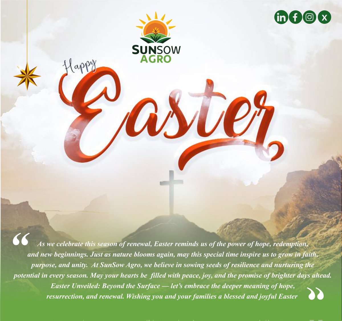 𝐇𝐚𝐩𝐩𝐲 𝐄𝐚𝐬𝐭𝐞𝐫, 𝐒𝐮𝐧𝐒𝐨𝐰 𝐀𝐠𝐫𝐨 𝐂𝐨𝐦𝐦𝐮𝐧𝐢𝐭𝐲

Wishing you a season filled with joy, growth, and abundant blessings!

May your fields flourish, your harvests thrive, and your hearts be full of hope. Celebrate the renewal of life and the promise of prosperity.