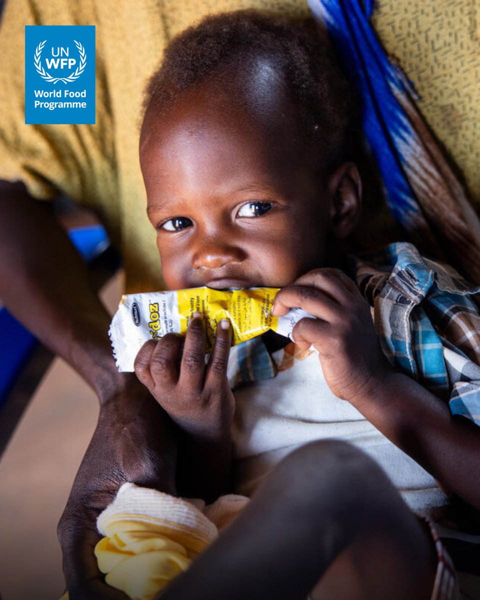 WFP's tweet image. Two-year-old Tuach takes small bites of nutritional peanut paste - a crucial step in his fight against malnutrition. 

WFP food and nutrition assistance supports Tuach's family to cope after severe flooding submerged large parts of #SouthSudan.