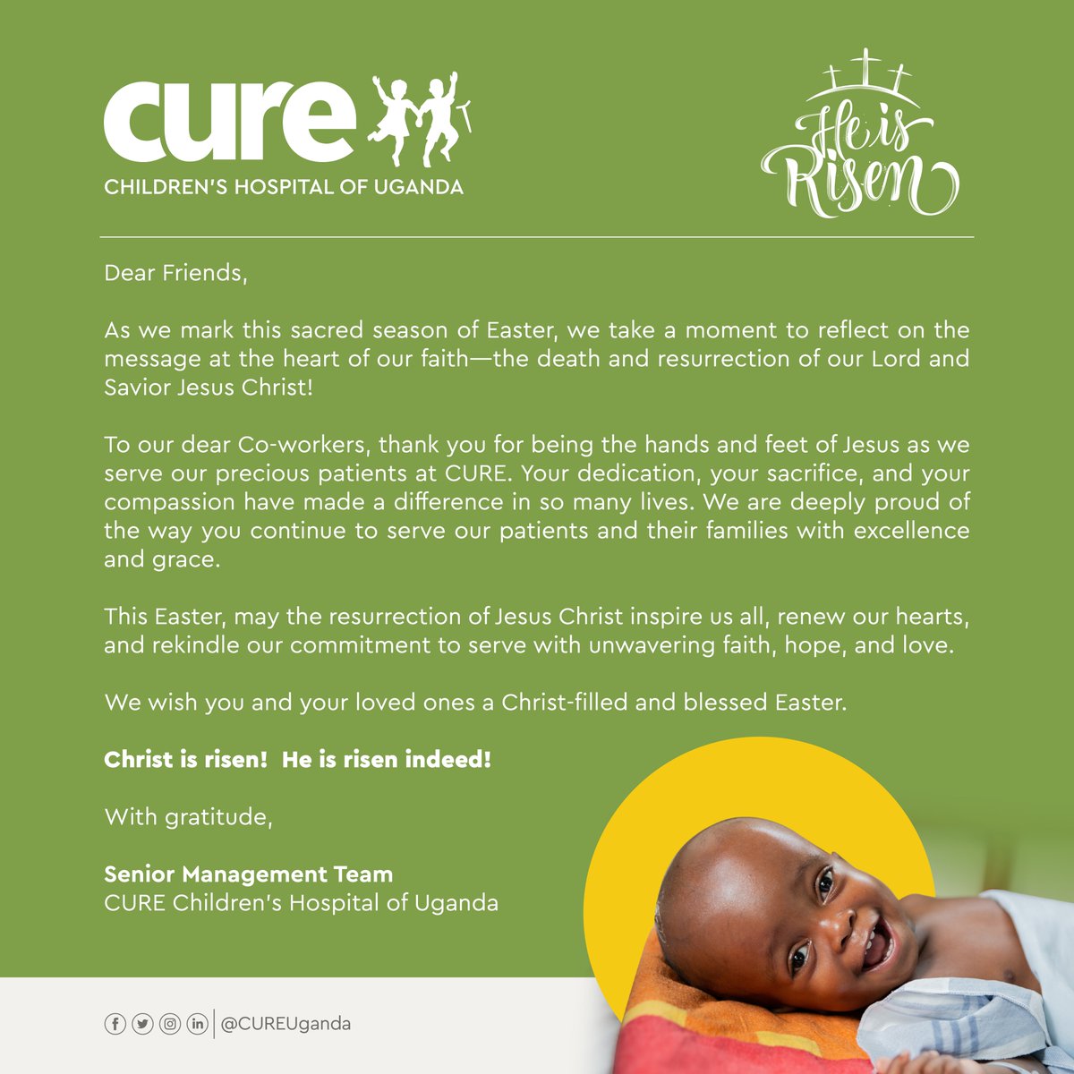 CUREuganda's tweet image. Christ is Risen! He is risen indeed! Happy Easter friends. May the resurrection of Jesus Christ inspire us all, renew our hearts, and rekindle our commitment to serve with unwavering faith, hope, and love. #HopeAndHealing #CUREUganda