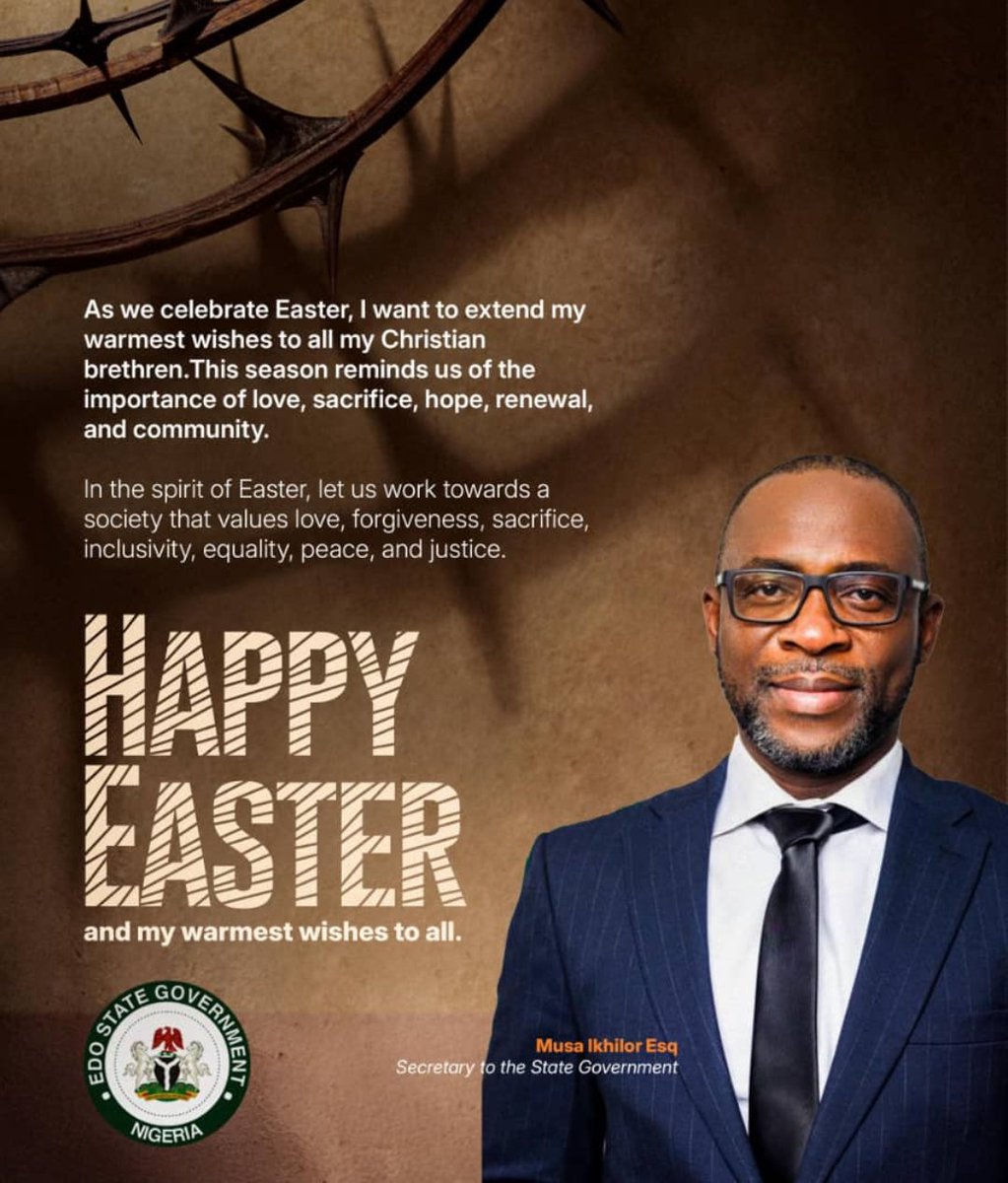 umikhilor's tweet photo. Happy Easter to my Christian brethren!
It's time for reflection on the values of inclusive and communal love. Let's continue to sacrifice in making Edo State a great place for us all.
#happyeaster #easter2025 #edostate #edostategovernment #practicalgovernance #ANewEdoHasRisen https://t.co/tCqHnWZVBW