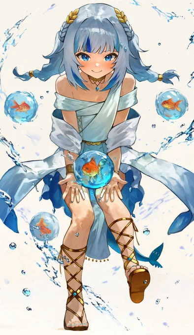 Reposting my illustration of Gawr Gura playing with goldfish~  