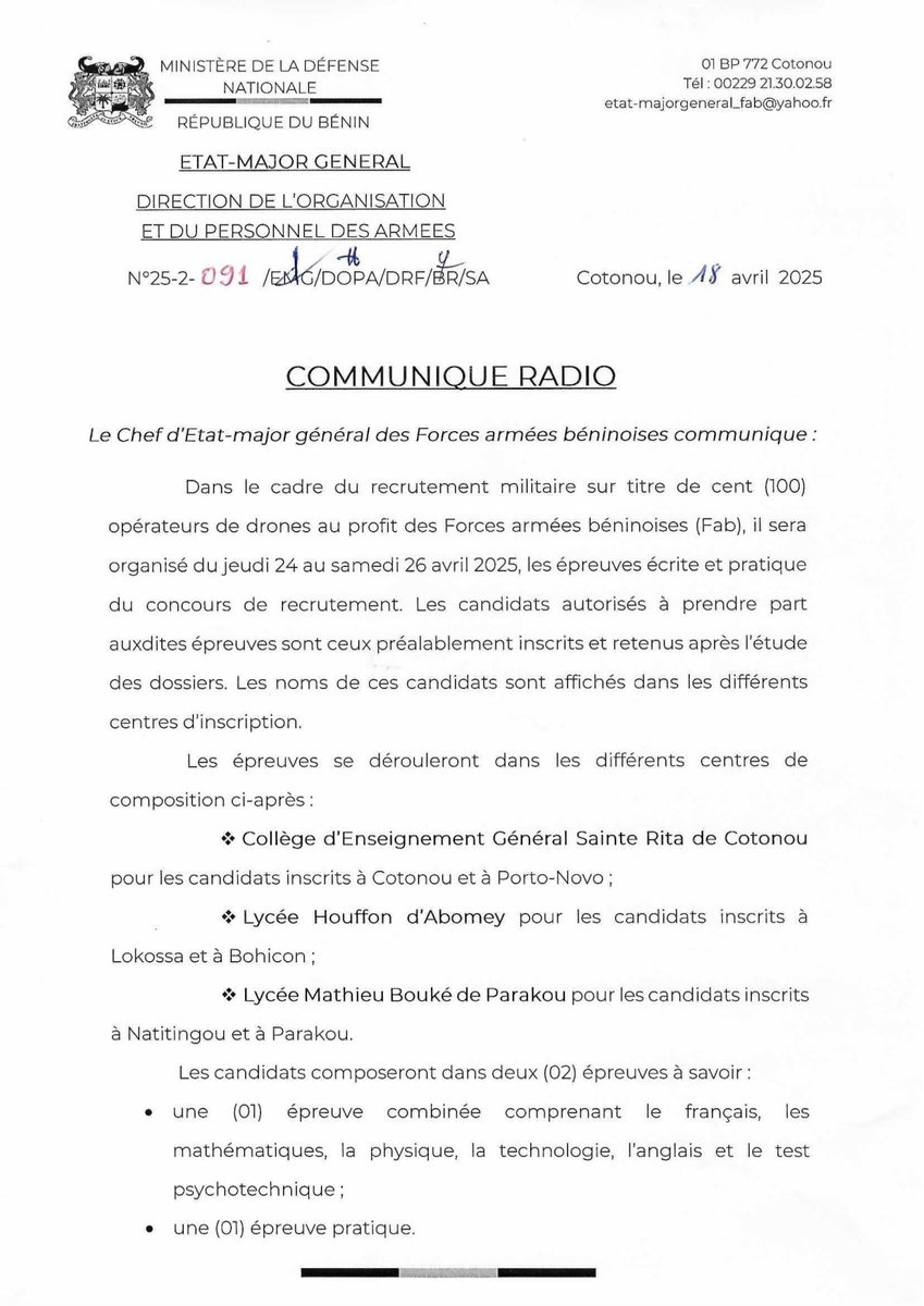 actualites229's tweet photo. 🇧🇯 Recrutement militaire sur titre de CENT (100) OPÉRATEURS DE DRONES au profit des #FAB
Dans le cadre du recrutement militaire sur titre de CENT (100) OPÉRATEURS DE DRONE au profit des Forces Armées Béninoises, il sera organisé du Jeudi 24 au Samedi 26 avril 2025, les épreuves écrites et pratiques dudit concours.
Les candidats autorisés a prendre part à ces épreuves sont ceux préalablement inscrits et retenus après les études de dossiers. Les noms de ces candidats sont affichés dans les différents centres d'inscription retenus.
🌐 Lire le Communiqué ⬇️