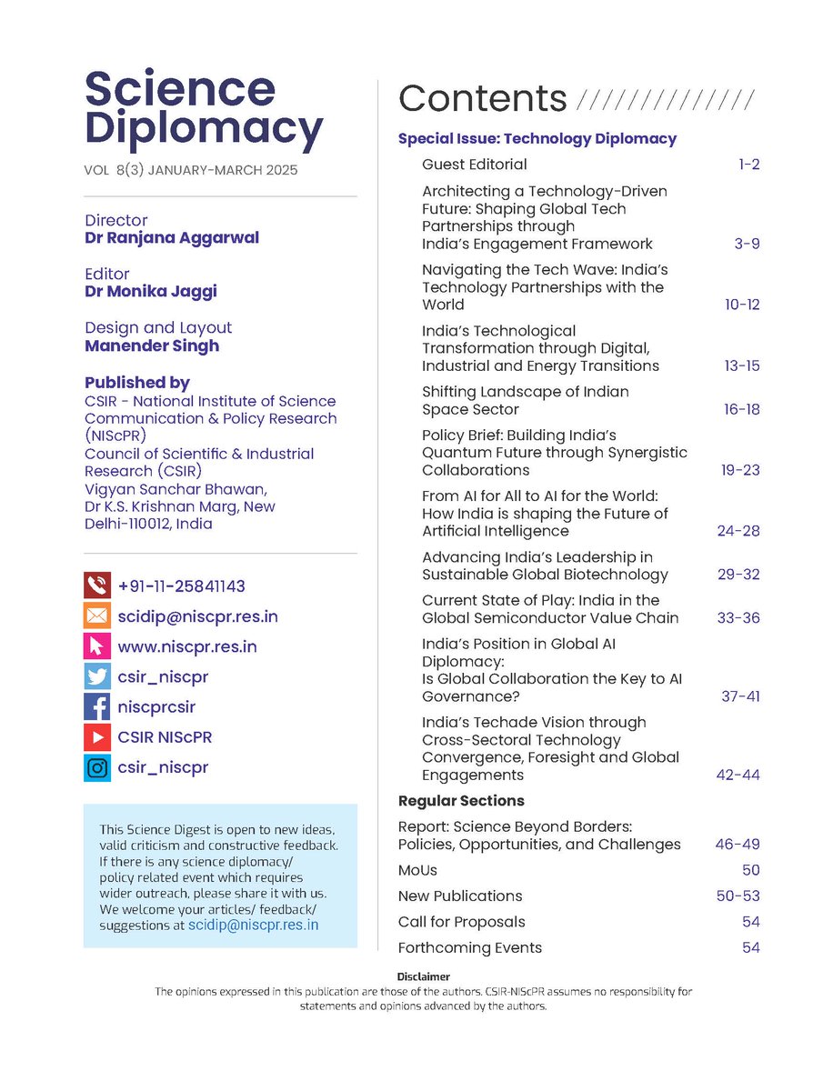 MonikaJaggi3's tweet image. 💡From #quantum #semiconductors #spacetech #bioeconomy to #AI, discover India’s strategic edge in #techdiplomacy in the special issue of #ScienceDiplomacy @CSIR_NIScPR featuring insights from #TechDialogue2025 with @PrinSciAdvOff. @MEAIndia @CSIR_IND 
🔗niscpr.res.in/periodicals/sc…