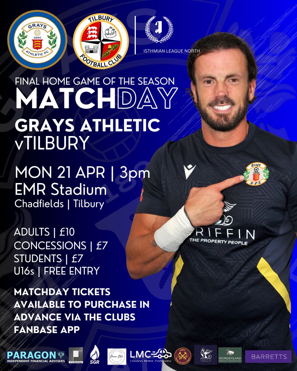IT'S MATCHDAY: DERBY DAY - GRAYS ATHLETIC v <a href="/tilburyfc/">Tilbury FC</a> 
Grays Athletic welcome good friends and rivals Tilbury FC TODAY to the EMR Stadium in the <a href="/IsthmianLeague/">The Pitching In Isthmian League</a>  North.
Thurrock's two oldest football club's go head to head once again and for the final time this season.
For what