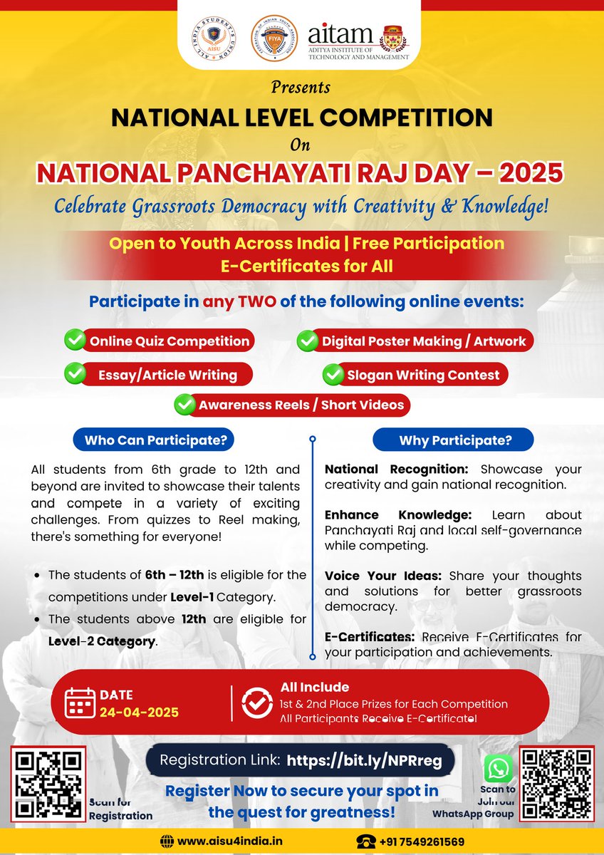 Celebrate Panchayati Raj Day 2025 with creativity &amp; knowledge!
Join the National Level Online Competition – Free entry, E-certificates for all!
Open to students from 6th grade &amp; beyond.
Register now: bit.ly/NPRreg
#PanchayatiRaj #YouthVoices #Quiz #PosterMaking