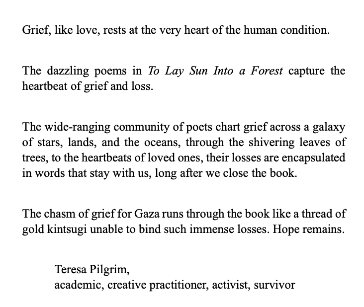 SidhePress's tweet photo. Thank you so much for this wonderful blurb for #ToLaySunIntoAForest, @PilgrimTeresa ! The book will be out soon. #Grief #Poetry https://t.co/jHbAiqB3DZ