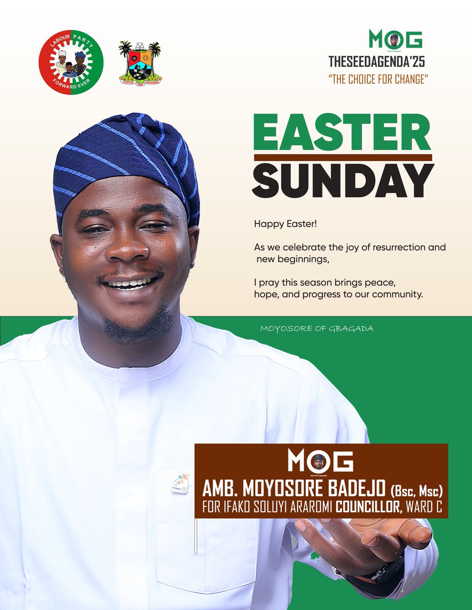 MJAY_MOG's tweet photo. Happy Easter!
As we celebrate the joy of resurrection and new beginnings, I pray this season brings peace, hope, and progress to our community.
AMB.MOYOSORE BADEJ0 ( MOG )
Councillor Candidate Ifako Soluyi-Araromi WARD C
#Vote4Mog
#TheSeedAgenda
#TheChoice4Change
#MogWeKnow https://t.co/pAn9rEtVki