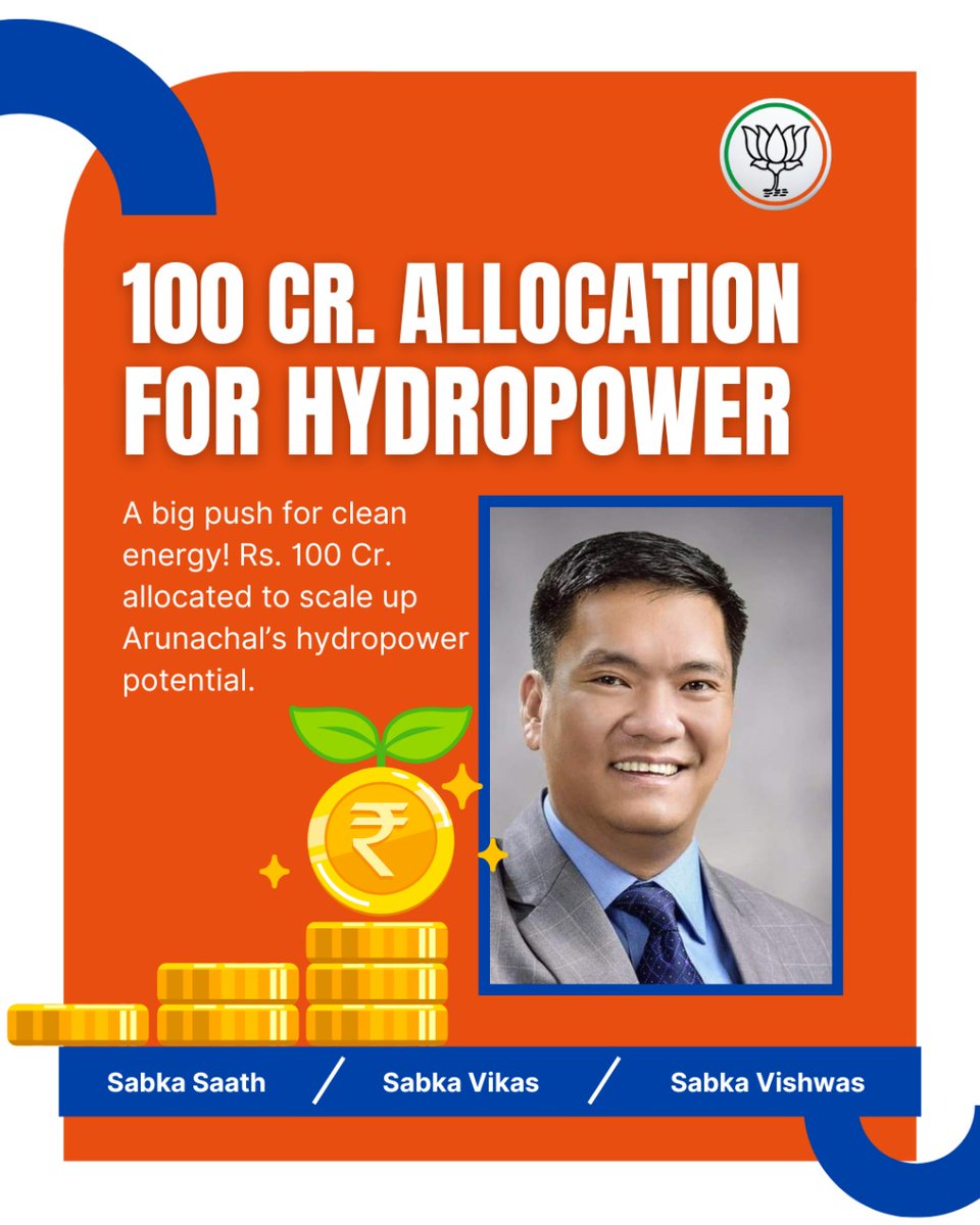 BJP4Arunachal's tweet photo. A big push for clean energy!

₹100 Crore has been allocated to accelerate the development of hydropower projects, driving sustainable growth and energy security.

#EnergyForTomorrow #SustainableArunachal #HydropowerDevelopment   

@BJP4India @PemaKhanduBJP @ChownaMeinBJP @KalingMoyongBJP @TheAshokSinghal