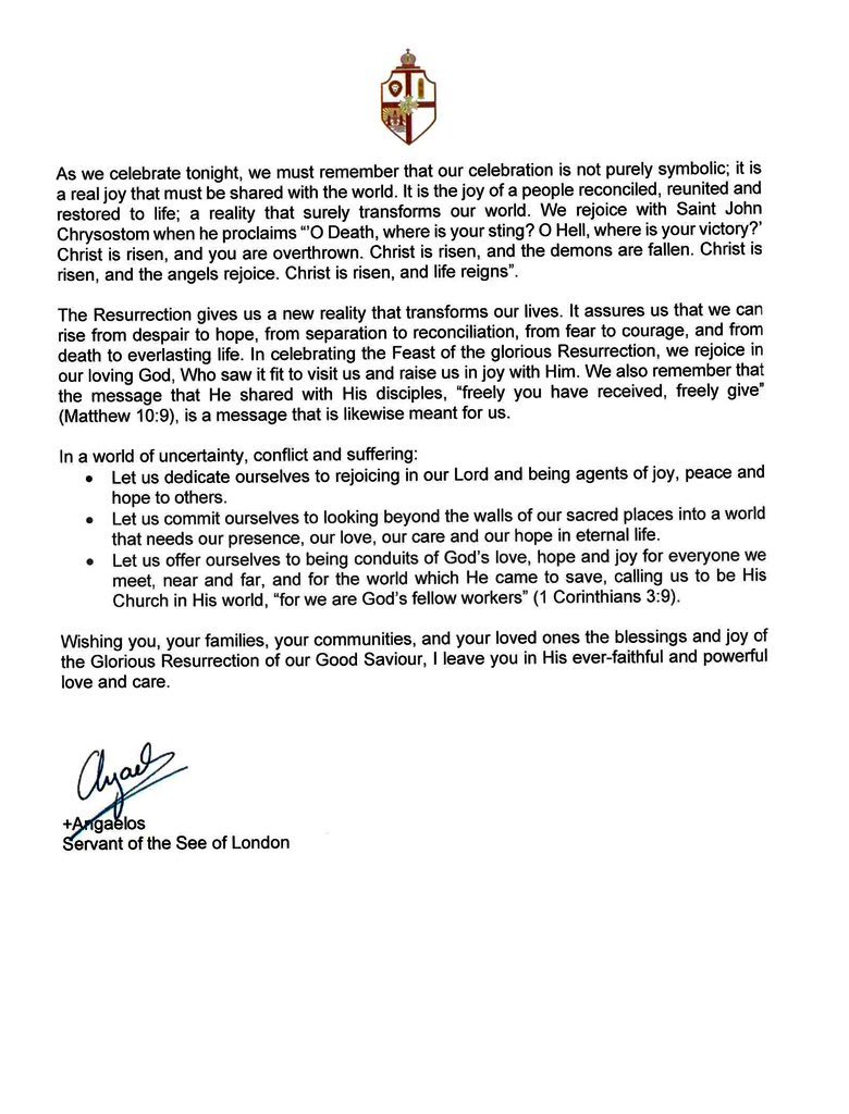Ⲡⲓⲭ̀ⲣⲓⲥⲧⲟⲥ ⲁϥⲧⲱⲛϥ 
CHRIST IS RISEN!

“The Resurrection gives us a new reality that transforms our lives. It assures us that we can rise from despair to hope, from separation to reconciliation, from fear to courage, and from death to everlasting life…
 
In a world of