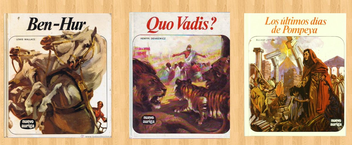 LibrosVintage's tweet photo. La colección #NuevoAuriga de #Afha esperó casi a alcanzar los cien números para publicar los 3 clásicos del péplum:

- Núm.  4  'Ben-Hur'
- Núm. 92 'Quo Vadis?'
- Núm. 93 'Los últimos días de Pompeya'

Portadas vía @todocoleccion
https://t.co/Gv4XOCLi7S https://t.co/rByR4opBgF