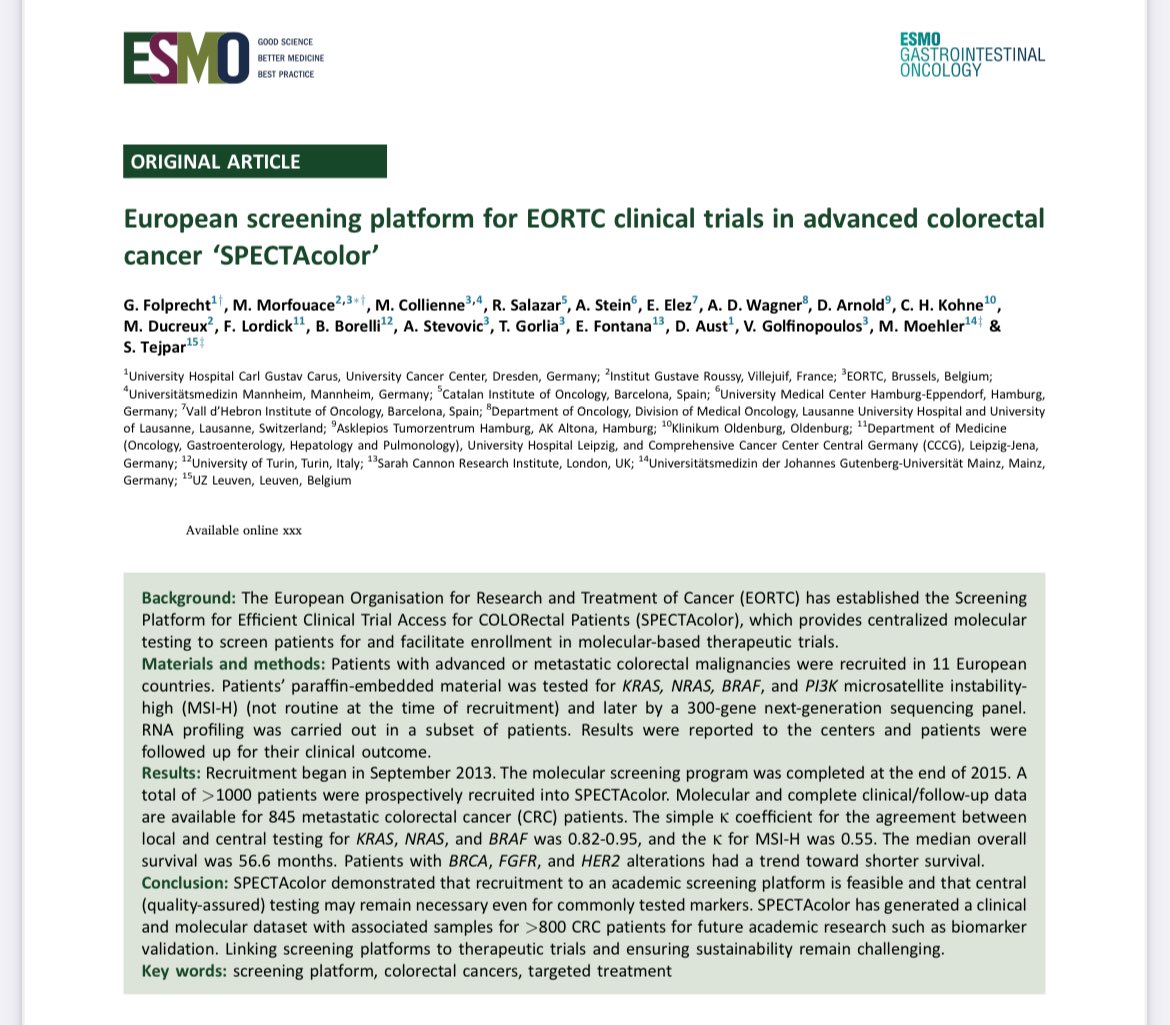 🧬European screening platform for <a href="/EORTC/">EORTC</a> clinical trials in advanced CRC
"SPECTAcolor"
<a href="/myESMO/">ESMO - Eur. Oncology</a> GI Oncology

➡️The simple κ coefficient for the agreement between local and central testing:
✅0.82-0.95 for KRAS, NRAS, and BRAF
🚨But 0.55 for MSI-H ❗️

👉doi.org/10.1016/j.esmo…