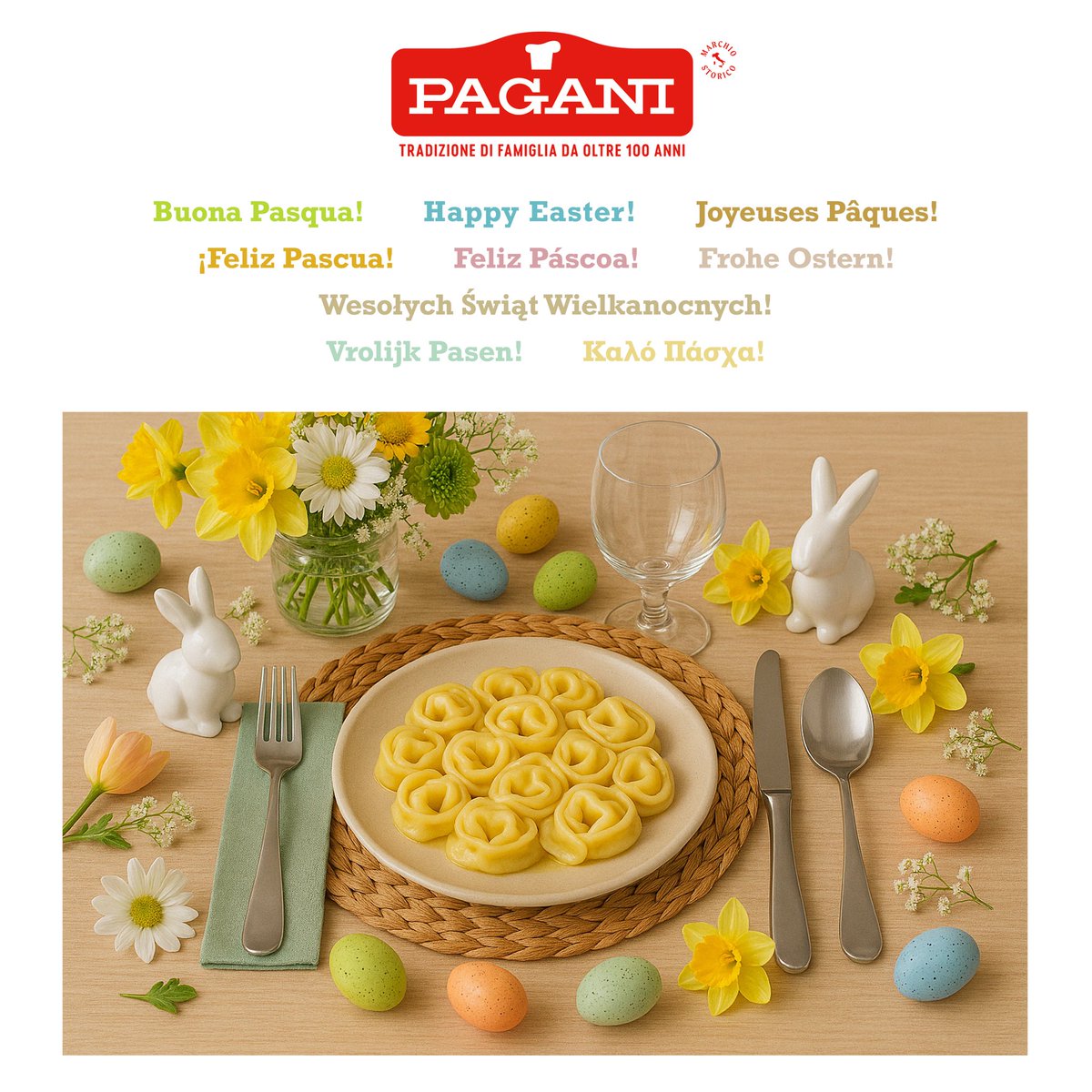 PaganiIndAlim's tweet photo. La Pasqua è fatta di momenti da condividere, profumi di casa e sapori autentici. Anche quest’anno siamo felici di portare in tavola la bontà dei nostri tortellini per celebrare insieme le tradizioni italiane. Buona Pasqua da tutti noi di Pagani Industrie Alimentari! 🐰🐣🌷
.
#BuonaPasqua #HappyEaster #JoyeusesPâques #FelizPascua #FelizPáscoa #FroheOstern #WesołychŚwiątWielkanocnych #VrolijkPasen #ΚαλόΠάσχα #tortellinipagani

[Seguici anche su Instagram: https://t.co/6Yj1fkIzMZ]