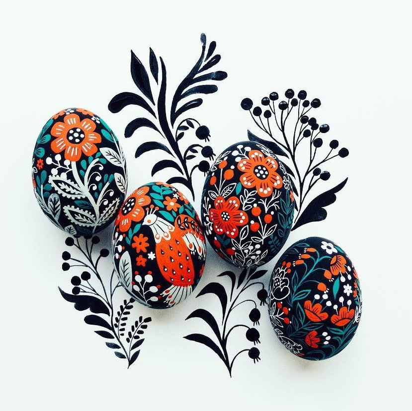 Folk-Inspired hand painted eggs by Dinara Mirtalipova, self taught illustrator and designer, born in Tashkent, Uzbekistan #WomensArt
