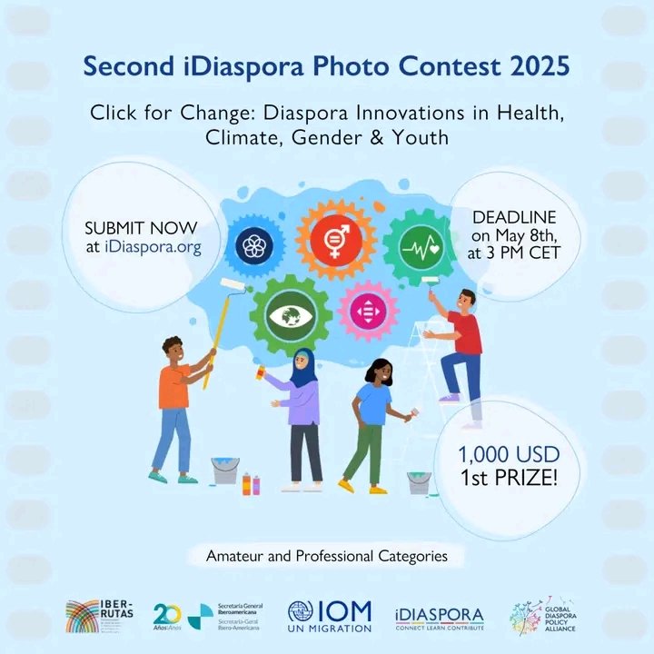 ODDNewsBurundi's tweet photo. 📷 Le concours #photo #iDiaspora_2025 vient présenter le pouvoir ds communautés de la diaspora avec ds thèmes axés sur :
✅ La santé,
✅ Le changement climatique
✅ Le genre. 
 
🥇 : $1,000 
🥈 : $700 
🥉 : $300 
🗓️ Date limite : 8 mai 2025 
🔗 : https://t.co/7wCcz3eQfP
 #17ODD https://t.co/p28QTEYNOH