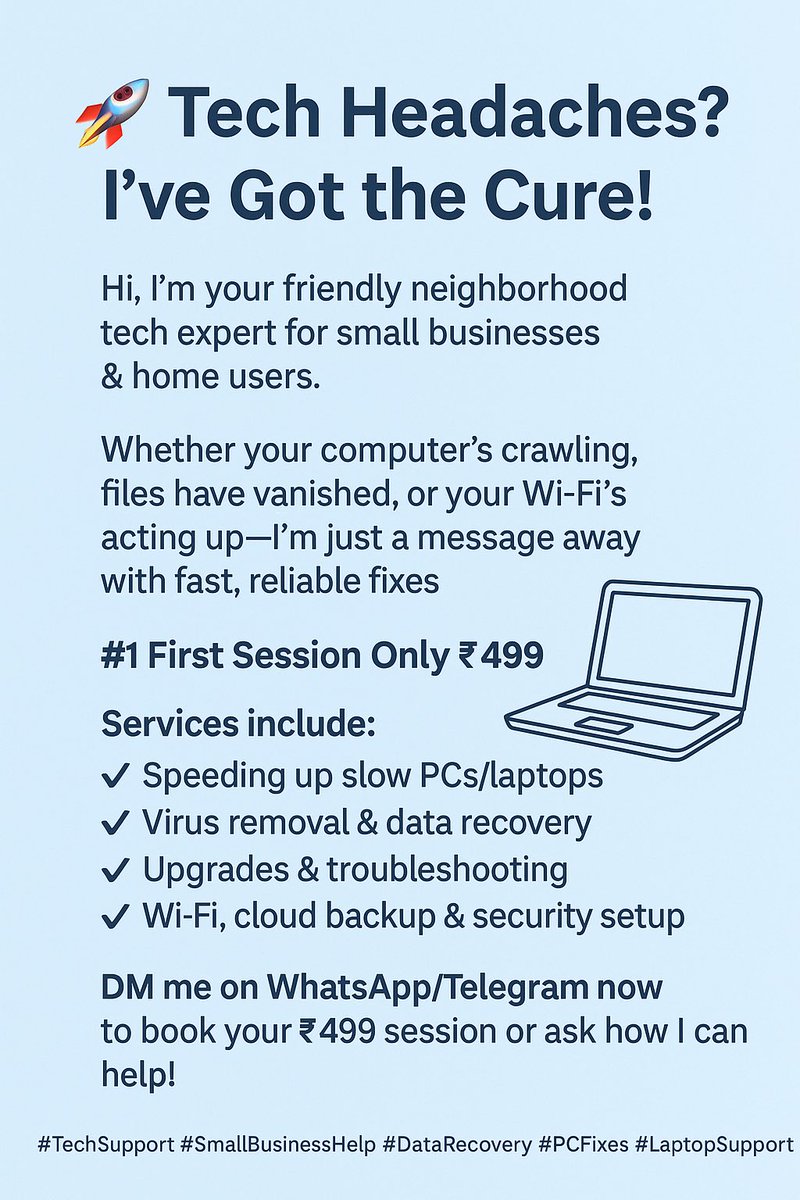taleofganesh's tweet image. 🚀 Tech Headaches? I’ve Got the Cure! 💻

Hi, I’m your friendly neighborhood tech expert for small businesses &amp;amp; home users. Whether your computer’s crawling, files have vanished, or your Wi-Fi’s acting up—I’m just a message away with fast, reliable fixes.

#TechSupport #PCFixes