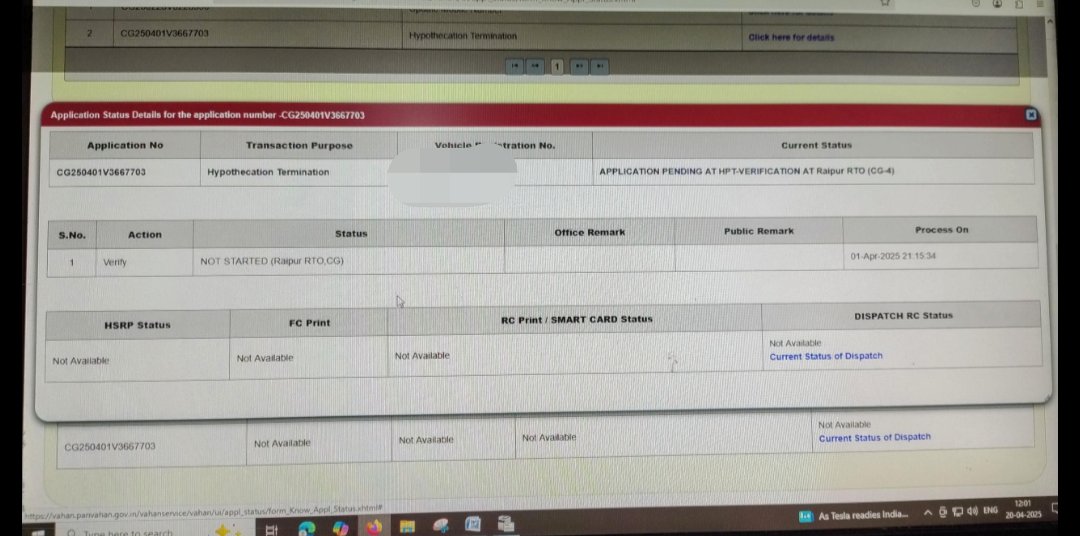 deenaiims's tweet photo. On 1st April 2025, an online application was made for hypothesis termination in RTO Raipur, the status of which is showing not started till today, 20.4.2025. @nitin_gadkari @vishnudsai https://t.co/Mg9YwTlLaY