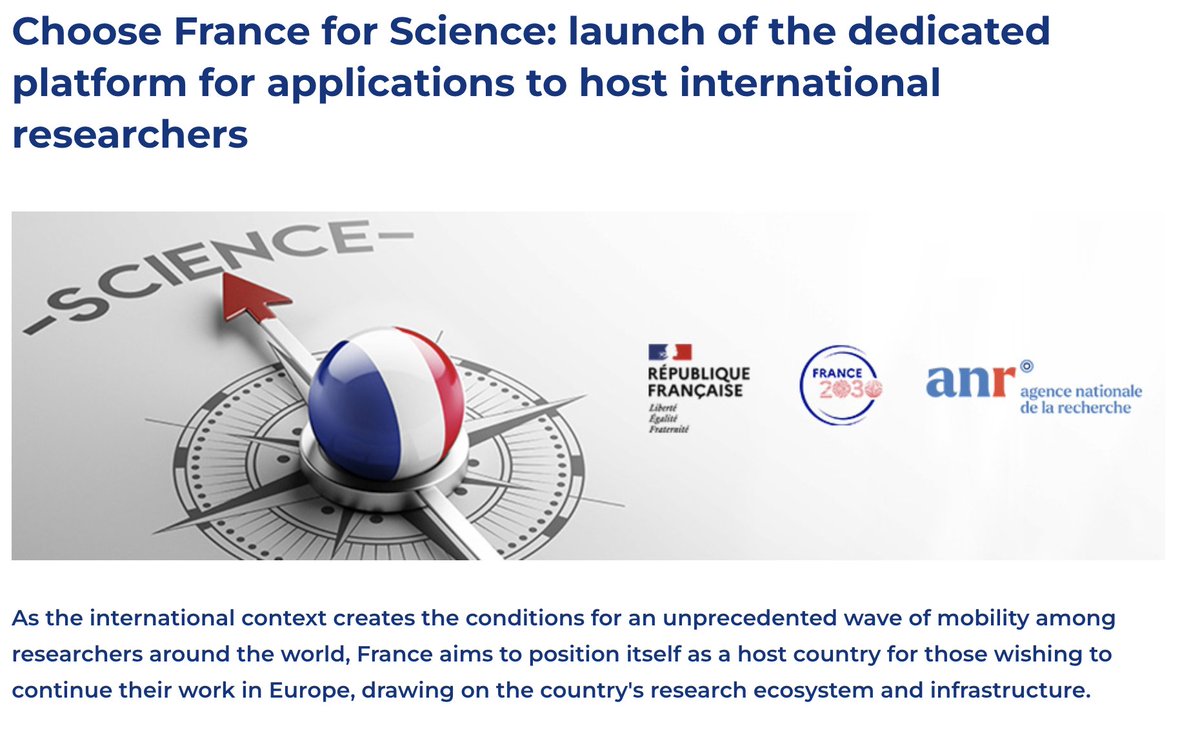 Job opportunities for international scientists:

"Choose France for Science: launch of the dedicated platform for applications to host international scientists"

france2030.agencerecherche.fr/ChooseFranceFo…?

#ScienceJobs