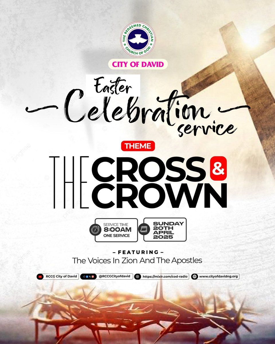 RCCGCityofDavid's tweet image. HE IS RISEN! 

Join us this #EasterSunday for our Special Easter Celebration Service, as we celebrate the power of Christ’s sacrifice and the victory of His resurrection.

Theme: 𝐓𝐡𝐞 𝐂𝐫𝐨𝐬𝐬 𝐀𝐧𝐝 𝐓𝐡𝐞 𝐂𝐫𝐨𝐰𝐧 
Time: 8am (ONE SERVICE) 
⛪ #TrinityTowers VI, Lagos