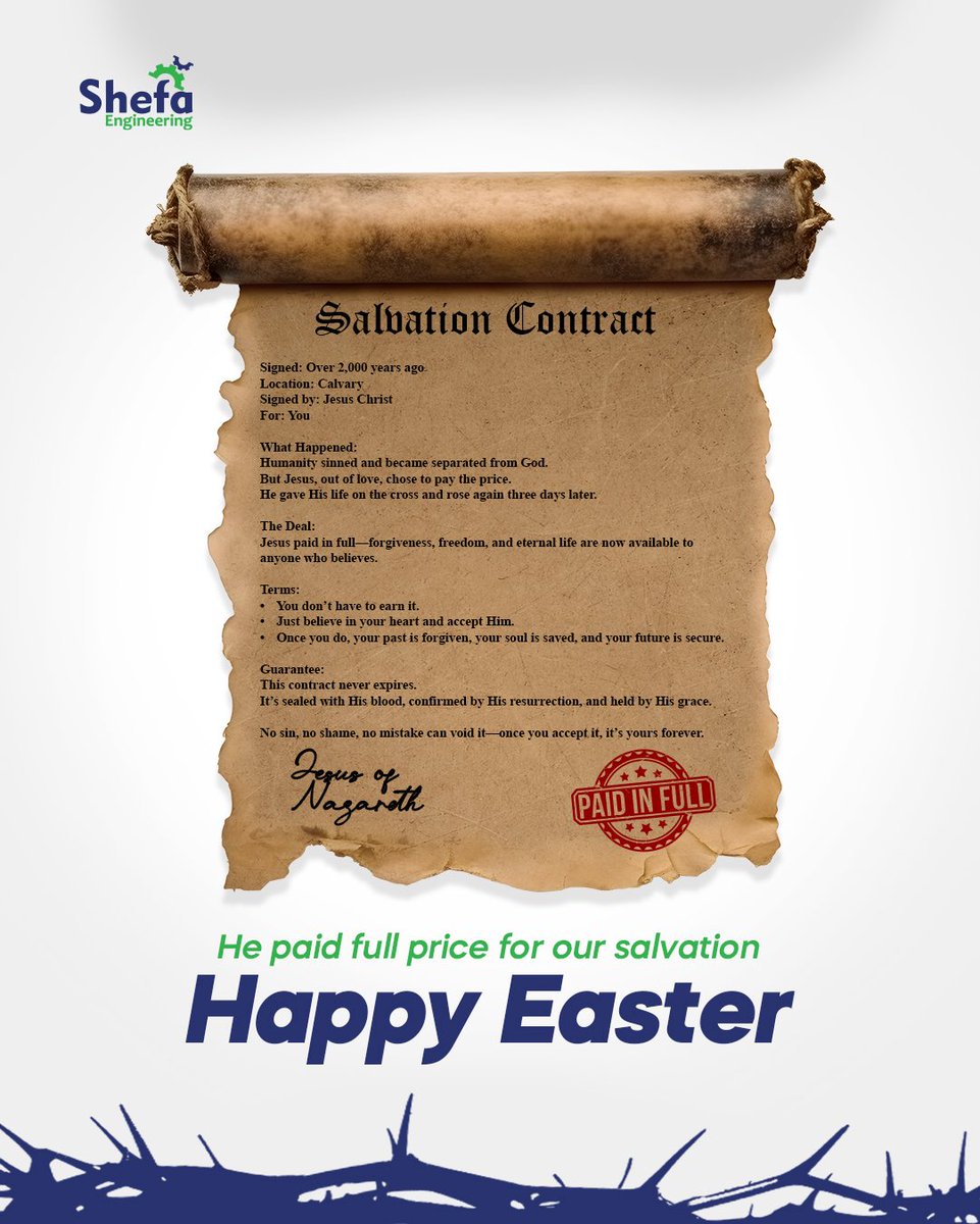 ShefaEng's tweet photo. He paid it all, no greater love.
Happy Easter from all of us at Shefa Engineering.

#Easter2025 #HeIsRisen #HappyEaster #ShefaEngineering https://t.co/luLcdqOTRI