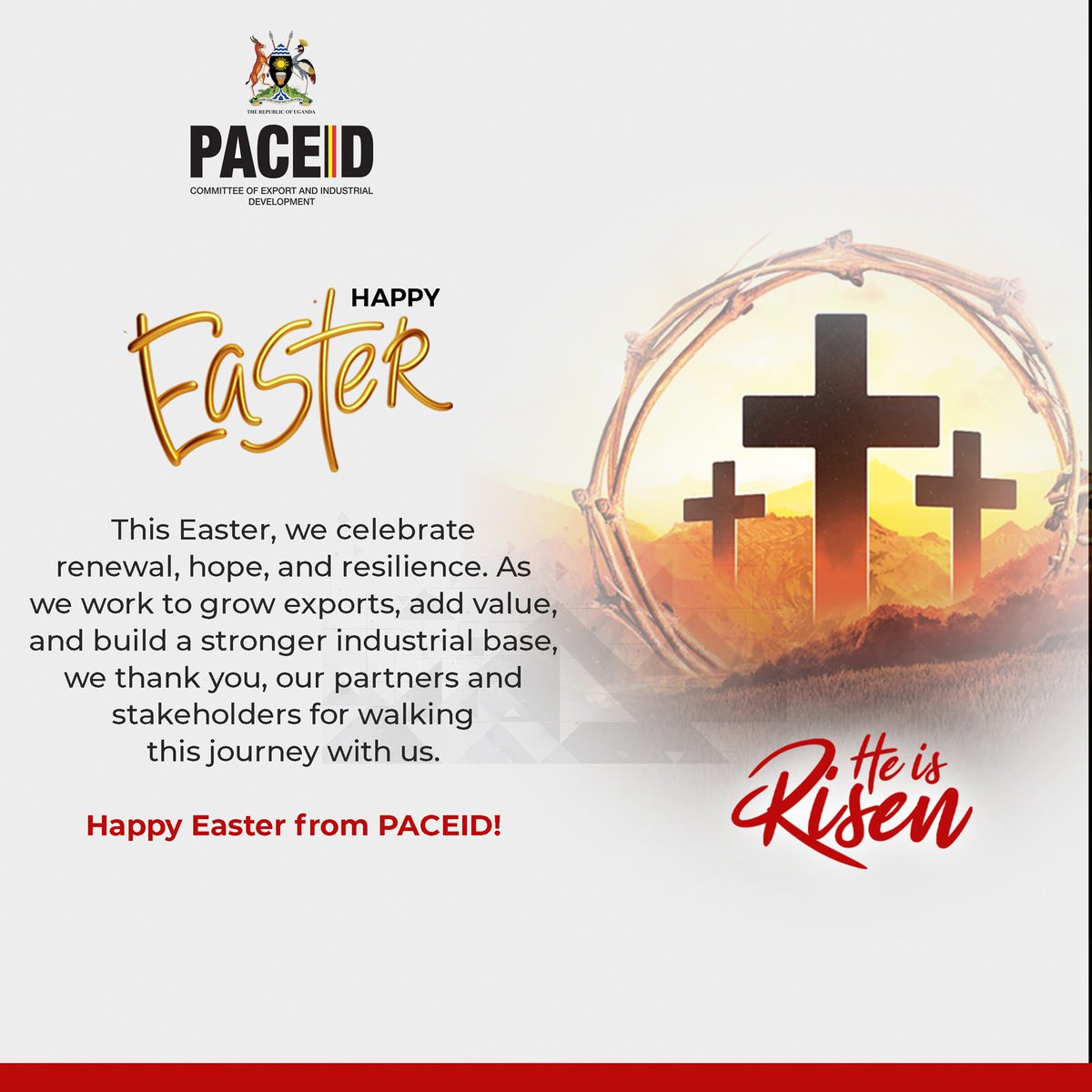 This Easter, we celebrate renewal, hope, and resilience. As we work to grow exports, add value and build a strong industrial base, we thank you, our partners and stakeholders for walking this journey with us. 

HAPPY EASTER FROM