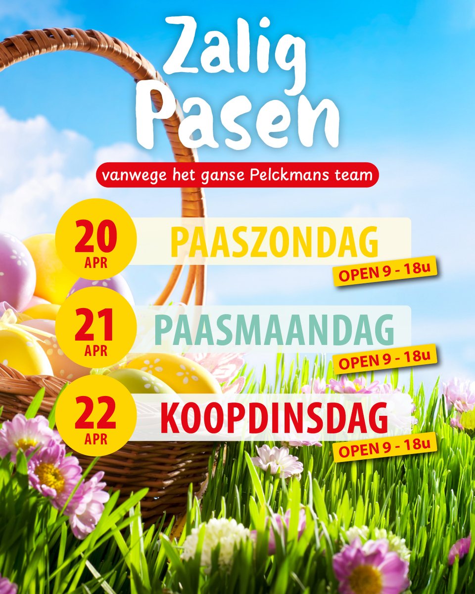 pelckmans's tweet photo. Zalig Pasen vanwege het ganse Pelckmans team! Onze winkels zijn vandaag, morgen (paasmaandag) én dinsdag open. https://t.co/6FnAxGxTjl