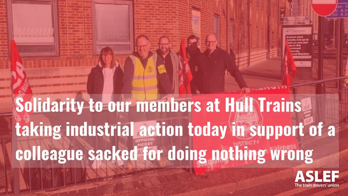ASLEFunion's tweet photo. Our members are on strike at Hull Trains today, in support of a colleague that was sacked for doing nothing wrong. Solidarity!
#ASLEFstrike https://t.co/fX020L2UVy