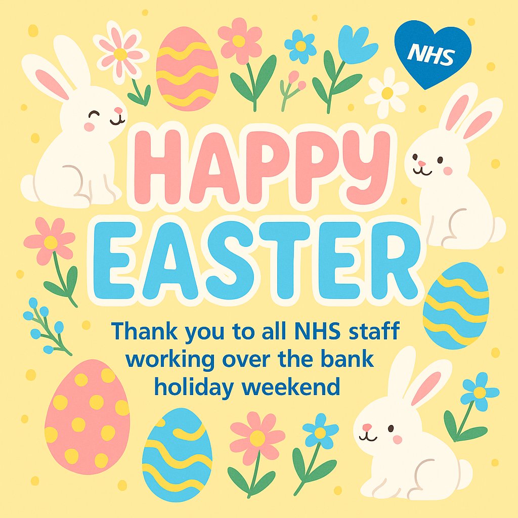 Happy Easter to our patients, service users, staff, carers, partners and our followers 🐣

A big thank you to all our amazing teams working over the #BankHoliday weekend to keep everyone safe and cared for 💙

#HappyEaster #NHS #PatientCare