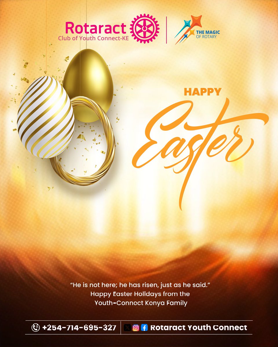 RAC_YConnect's tweet photo. Easter isn’t just a sunrise, it is a symbol of new beginnings, hope reborn, and purpose renewed.
This season, we celebrate the light that overcomes darkness, just as service overcomes silence.
From all of us at Rotaract Youth Connect Kenya,
Happy Easter! 🐣💛 https://t.co/VzMTlaclr3