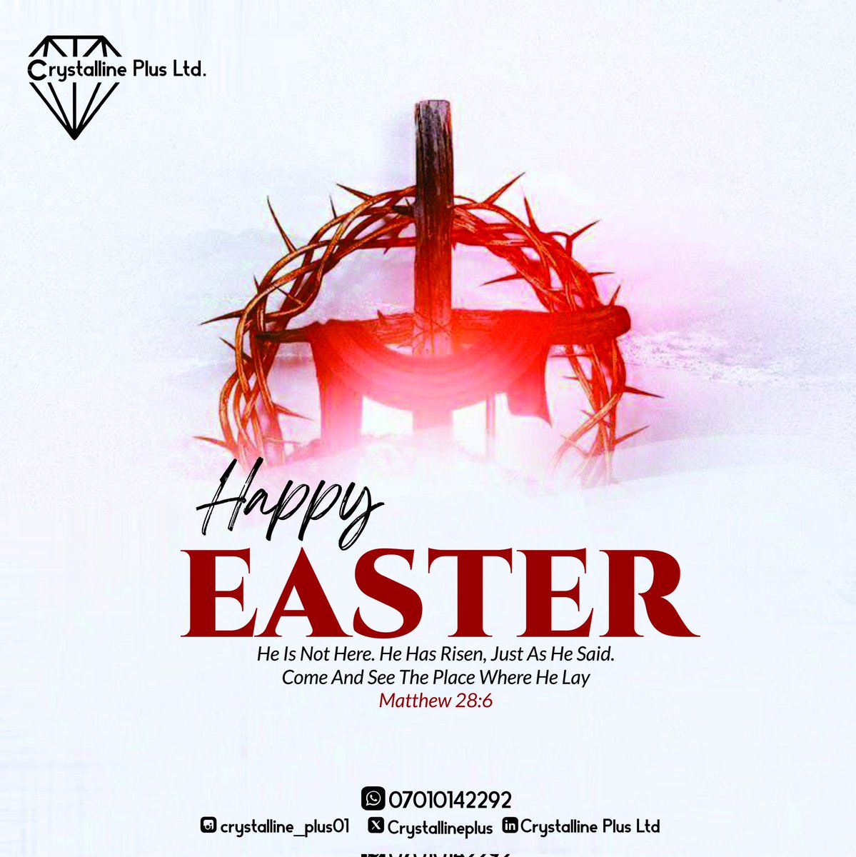 Crystallineplus's tweet photo. Today, we celebrate the victory of life over death, hope over despair, and light over darkness.
Happy Easter from all of us at rystalline Plus
May this season bring you renewed hope, peace, and endless joy.

Happy Easter He Is Risen Davido #5ive #WrestleMania Burna Boy Wizkid https://t.co/EXWvO0JRX7