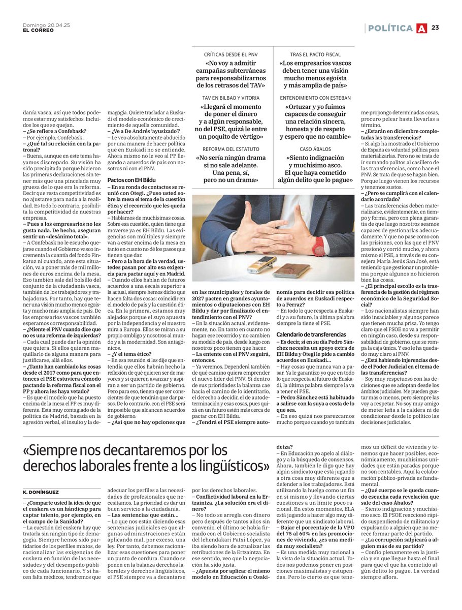 Hoy me entrevistan en <a href="/elcorreo_com/">El Correo</a>. Hablamos sobre el TAV, la reforma fiscal, las relaciones con el PNV y EH Bildu, el euskera, la reforma del Estatuto y mucho más. Siempre con una idea firme: el PSE-EE estará donde ha estado siempre, con la gente, defendiendo lo que importa y
