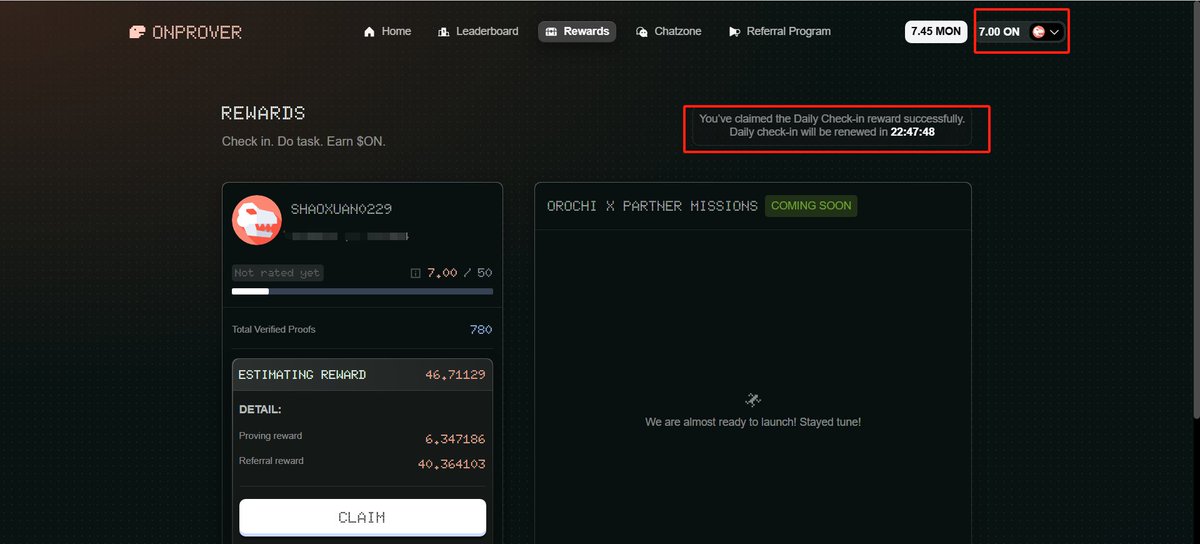 ✅<a href="/OrochiNetwork/">Orochi Network</a> 签到一次给了7个币，需要monad测试网gas费，比一天挖都多，限量的，慢了就等明天了：
onprover.orochi.network/?referralCode=…