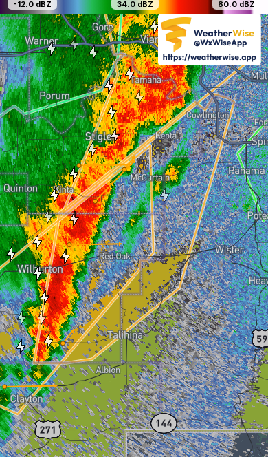 ⚡️ Severe Thunderstorm Warning for:
- Southeastern Haskell County in southeastern Oklahoma
- Central Latimer County in southeastern Oklahoma
- Northwestern Le Flore County in southeastern Oklahoma

web.weatherwise.app/#wid=957db7436…
💨 Maximum wind gust of 70 MPH.
❗ Damage threat is