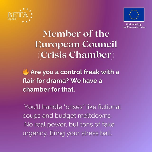 MEUSpain's tweet photo. 🇪🇺 Choose your character for MEU Spain 2025
⏰Less than 24 hours to apply! Learn about 3 more roles: lobbyist, member of the European Council (crisis chamber) and interpreter

Apply and join young people from Europe and beyond in Santander on 21-25 July: https://t.co/idora7ADlW https://t.co/PDCBlflq19