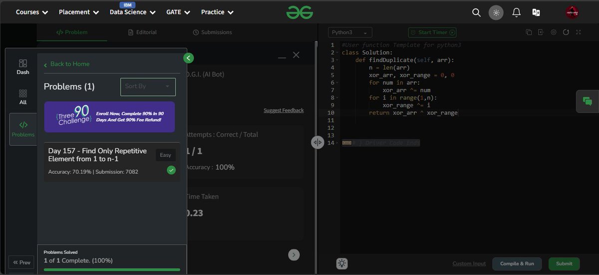 Mr_Nikekumar's tweet photo. Day 157: Find Only Repetitive Element from 1 to n-1 🧠
Solved it using XOR trick — elegant bit manipulation solution!
Loved how simple logic beats extra space or sorting.
#geekstreak2024 #gfg160 @geeksforgeeks #geekstreak2025 https://t.co/F9uurVrWiz